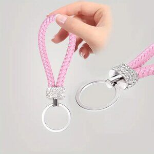Stylish PU Leather Woven Keychain with Sparkling Rhinestones